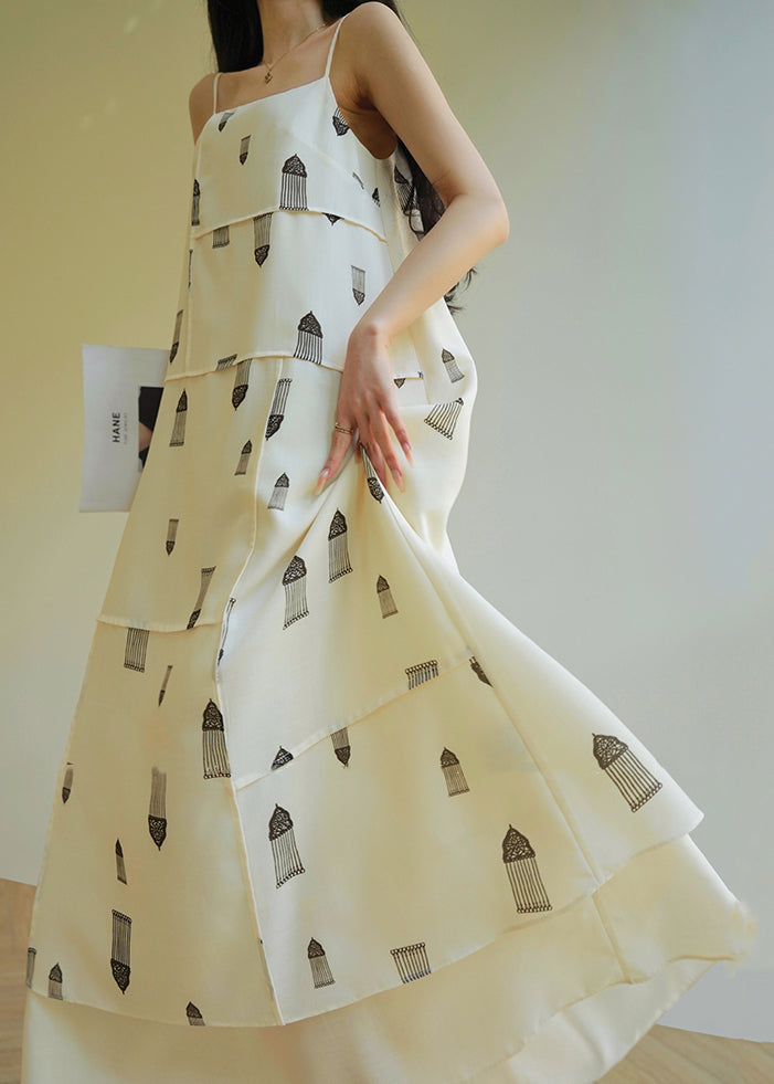 Elegant White Cold Shoulder Print Cotton Spaghetti Strap Dress Sleeveless