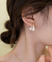 Elegant White Copper Alloy Drip Glaze Pearl Hoop Earrings