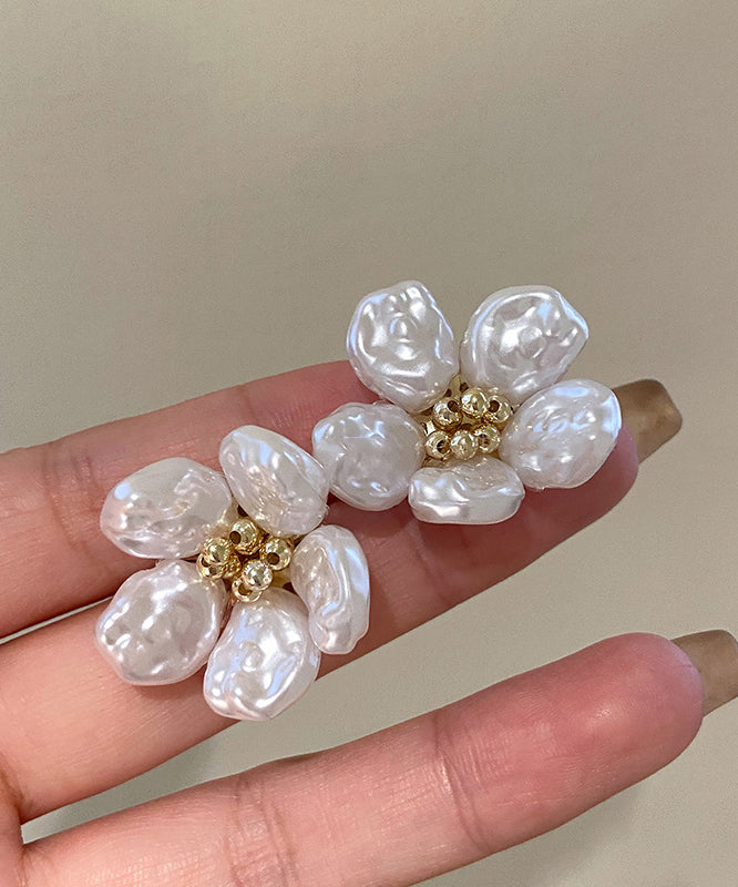 Elegant White Copper Alloy Pearl Floral Stud Earrings