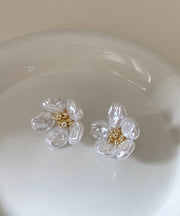 Elegant White Copper Alloy Pearl Floral Stud Earrings