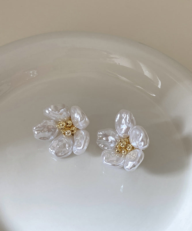 Elegant White Copper Alloy Pearl Floral Stud Earrings