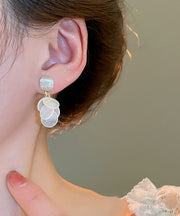 Elegant White Copper Cat's Eye Stone Shell Tassel Drop Earrings