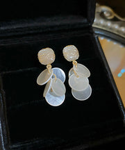 Elegant White Copper Cat's Eye Stone Shell Tassel Drop Earrings