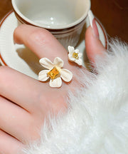 Elegant White Copper Overgild Acrylic Zircon Floral Open Rings