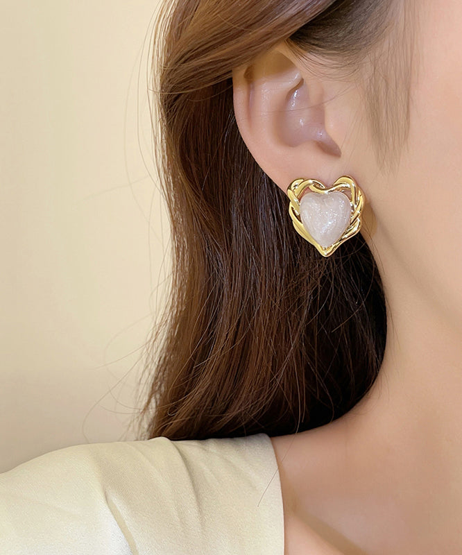 Elegant White Copper Overgild Drip Glaze Love Stud Earrings