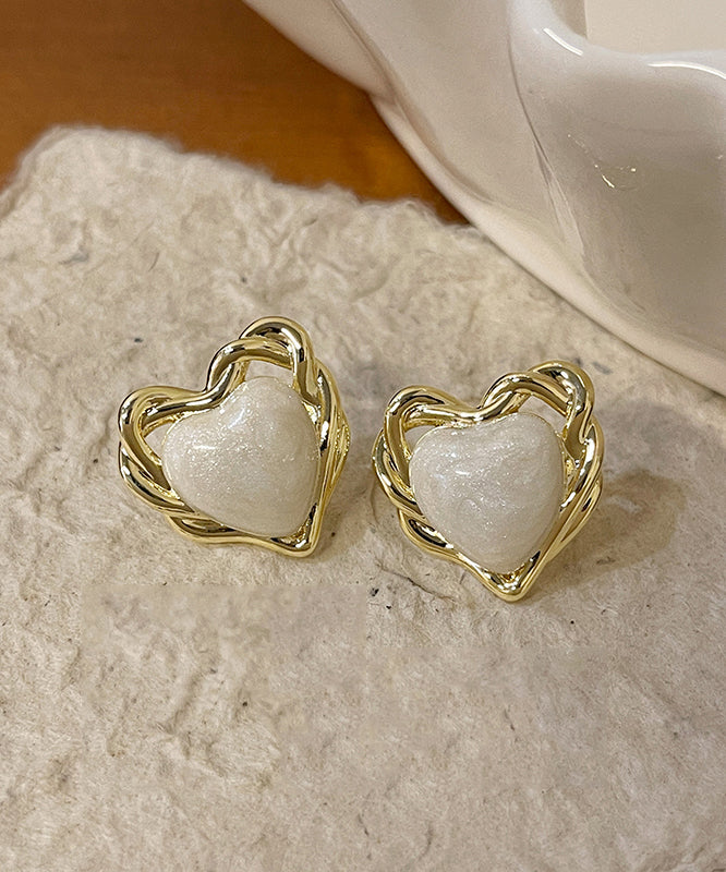 Elegant White Copper Overgild Drip Glaze Love Stud Earrings
