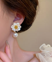 Elegant White Copper Overgild Pearl Floral Drop Earrings