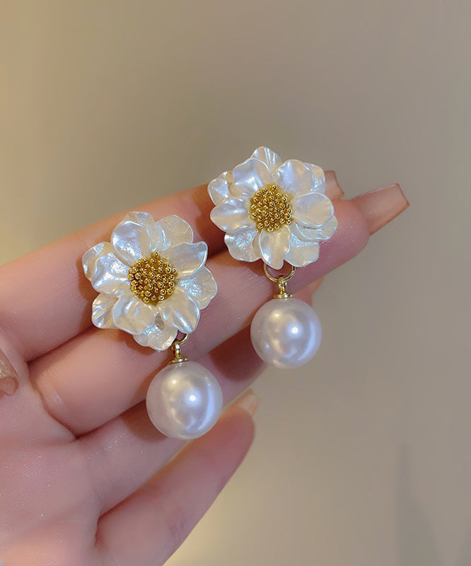 Elegant White Copper Overgild Pearl Floral Drop Earrings