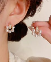 Elegant White Copper Overgild Zircon Pearl Stud Earrings