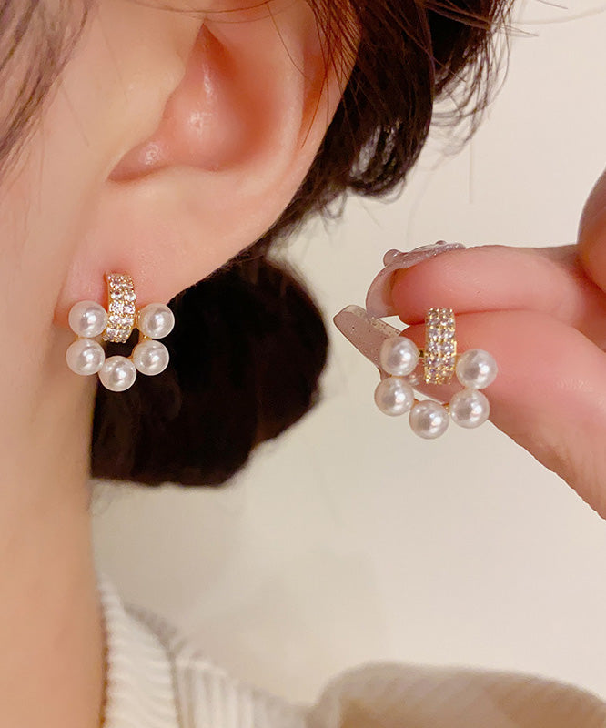 Elegant White Copper Overgild Zircon Pearl Stud Earrings