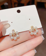 Elegant White Copper Overgild Zircon Pearl Stud Earrings