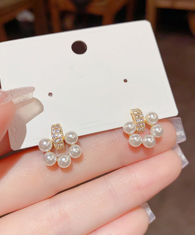 Elegant White Copper Overgild Zircon Pearl Stud Earrings