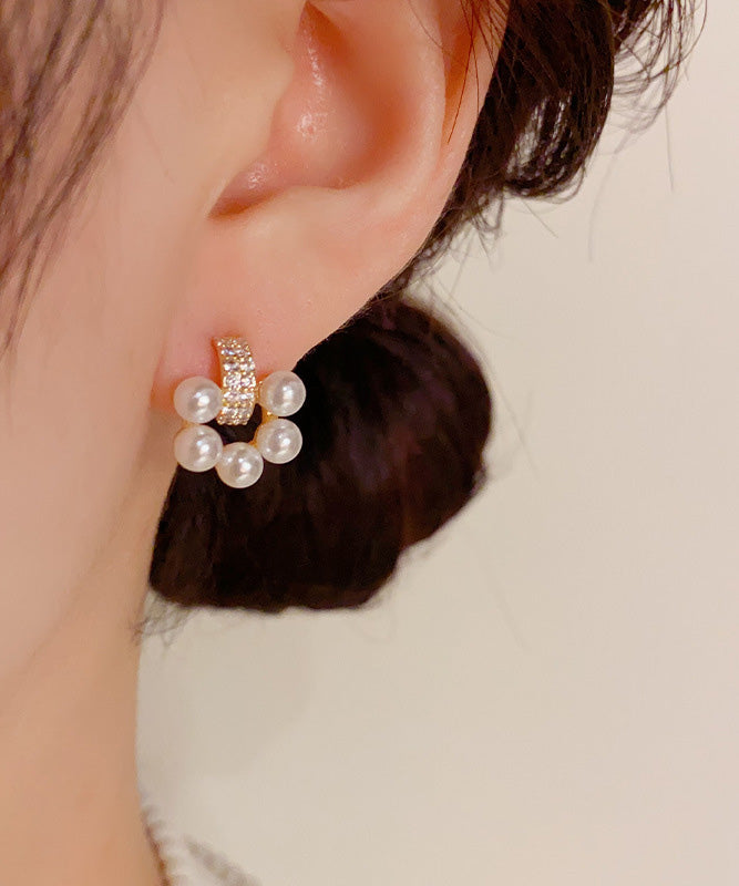 Elegant White Copper Overgild Zircon Pearl Stud Earrings