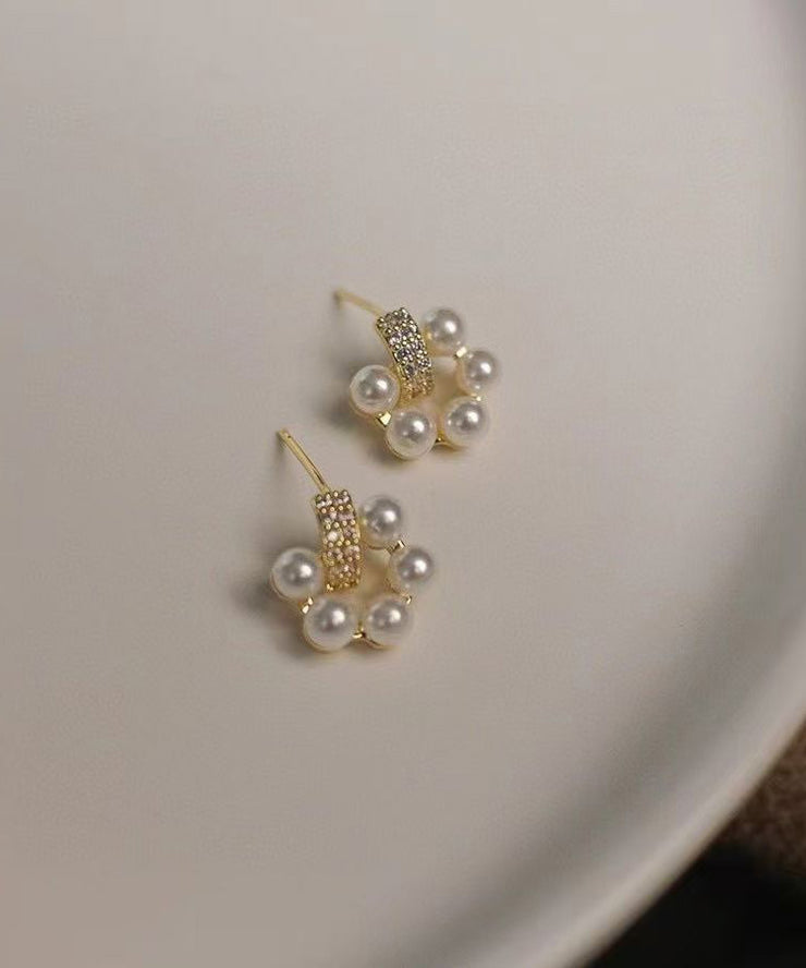 Elegant White Copper Overgild Zircon Pearl Stud Earrings