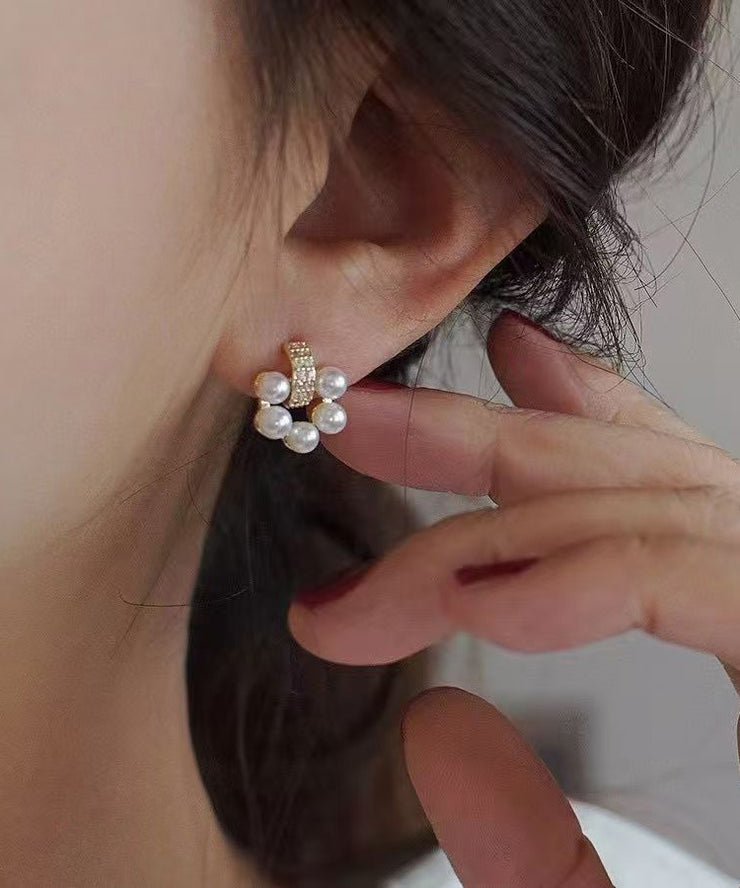 Elegant White Copper Overgild Zircon Pearl Stud Earrings