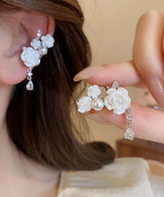 Elegant White Copper Zircon Pearl Camellia Flower Drop Earrings