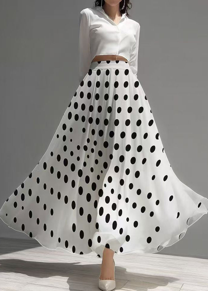 Elegant White Dot Print Exra Large Hem Chiffon Skirt Summer