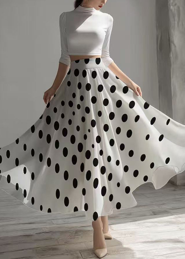 Elegant White Dot Print Exra Large Hem Chiffon Skirt Summer