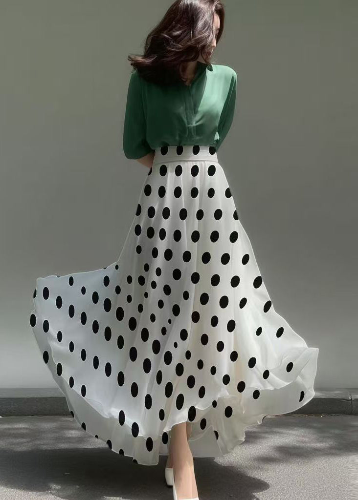 Elegant White Dot Print Exra Large Hem Chiffon Skirt Summer