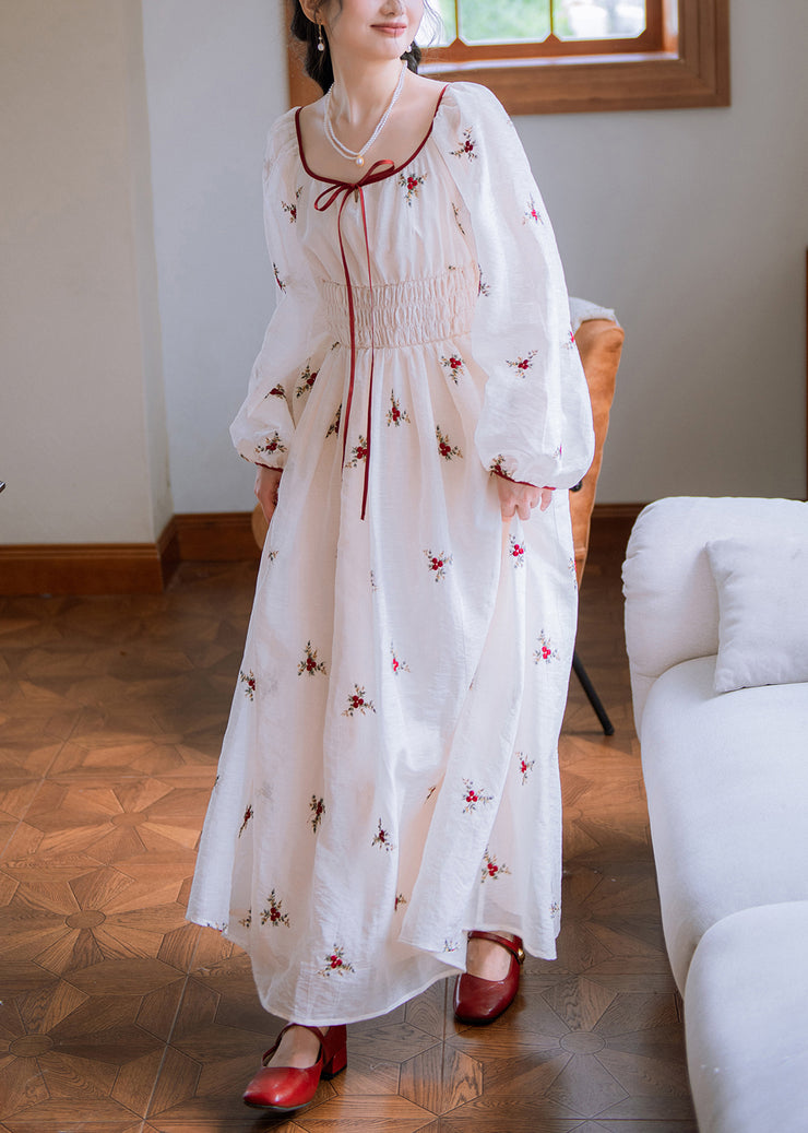 Elegant White Embroidered Elastic Waist Cotton Long Dresses Fall