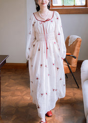 Elegant White Embroidered Elastic Waist Cotton Long Dresses Fall