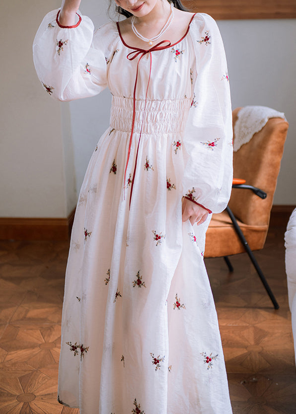 Elegant White Embroidered Elastic Waist Cotton Long Dresses Fall