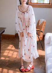 Elegant White Embroidered Elastic Waist Cotton Long Dresses Fall