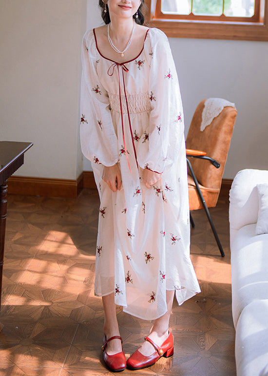 Elegant White Embroidered Elastic Waist Cotton Long Dresses Fall