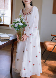 Elegant White Embroidered Elastic Waist Cotton Long Dresses Fall