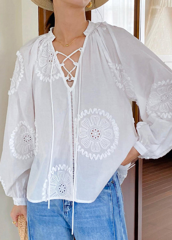 Elegant White Embroidered Hollow Out Lace Up Cotton Blouses Spring