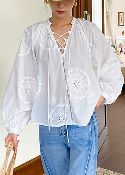 Elegant White Embroidered Hollow Out Lace Up Cotton Blouses Spring