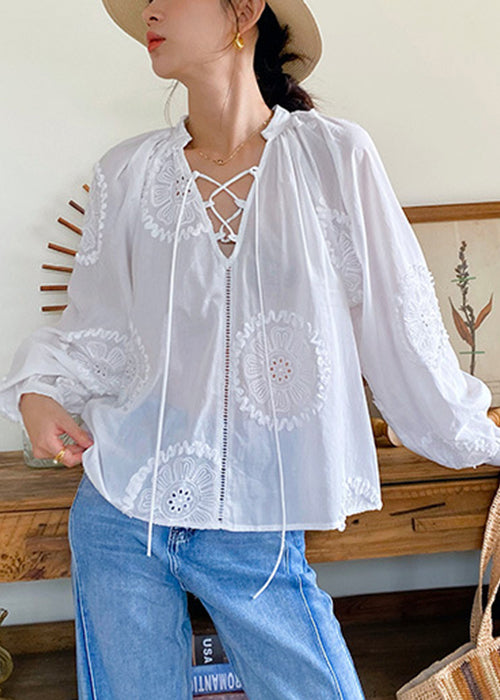 Elegant White Embroidered Hollow Out Lace Up Cotton Blouses Spring