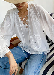Elegant White Embroidered Hollow Out Lace Up Cotton Blouses Spring