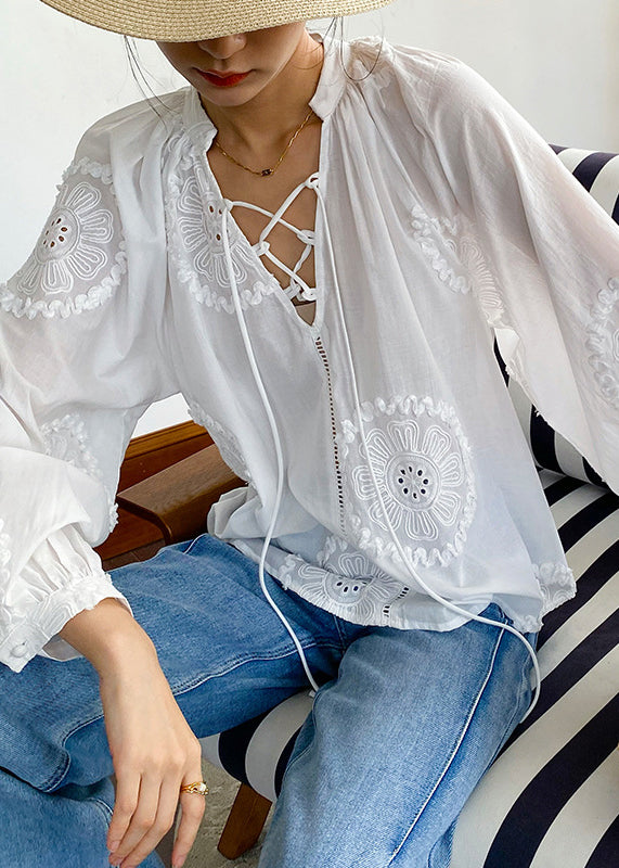 Elegant White Embroidered Hollow Out Lace Up Cotton Blouses Spring