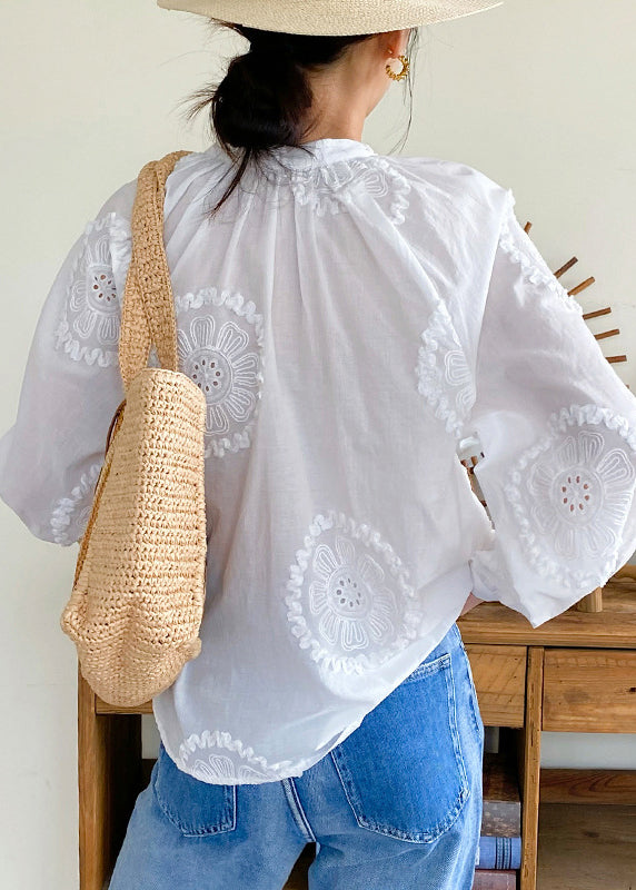 Elegant White Embroidered Hollow Out Lace Up Cotton Blouses Spring