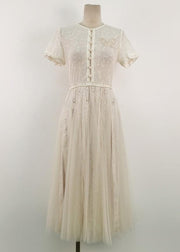 Elegant White Embroidered Hollow Out Tulle Long Dress Summer