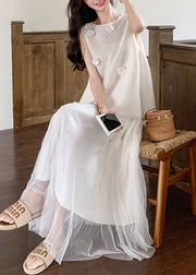 Elegant White Floral Tops And Tulle Skirts Two Pieces Set Sleeveless