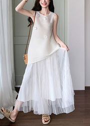 Elegant White Floral Tops And Tulle Skirts Two Pieces Set Sleeveless