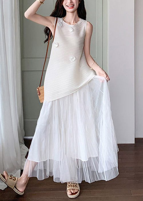 Elegant White Floral Tops And Tulle Skirts Two Pieces Set Sleeveless