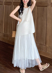 Elegant White Floral Tops And Tulle Skirts Two Pieces Set Sleeveless