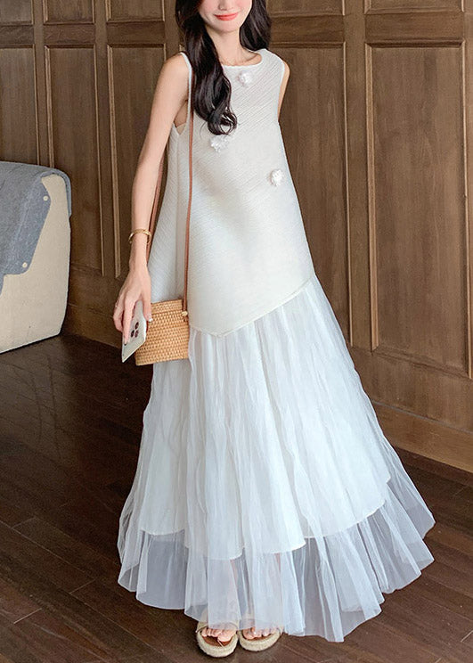 Elegant White Floral Tops And Tulle Skirts Two Pieces Set Sleeveless