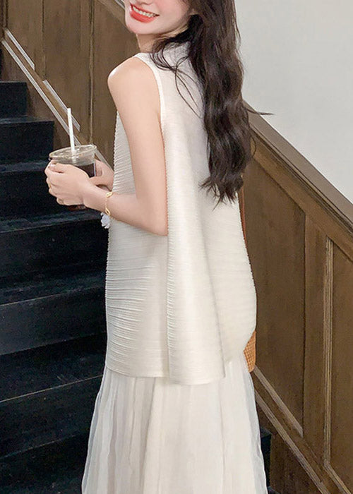 Elegant White Floral Tops And Tulle Skirts Two Pieces Set Sleeveless