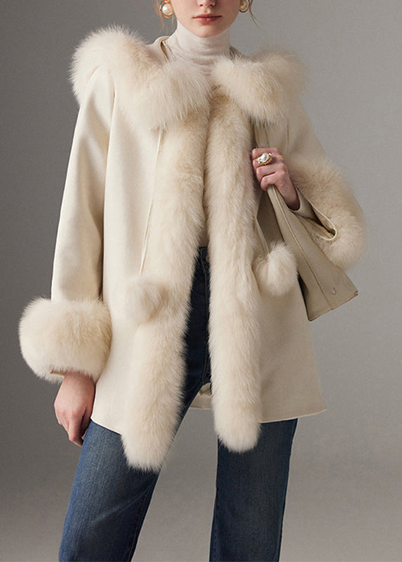 Elegant White Fuzzy Ball Decorated Fine Cotton Filled Coats Winter