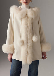Elegant White Fuzzy Ball Decorated Fine Cotton Filled Coats Winter