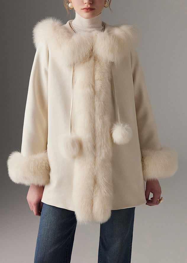 Elegant White Fuzzy Ball Decorated Fine Cotton Filled Coats Winter