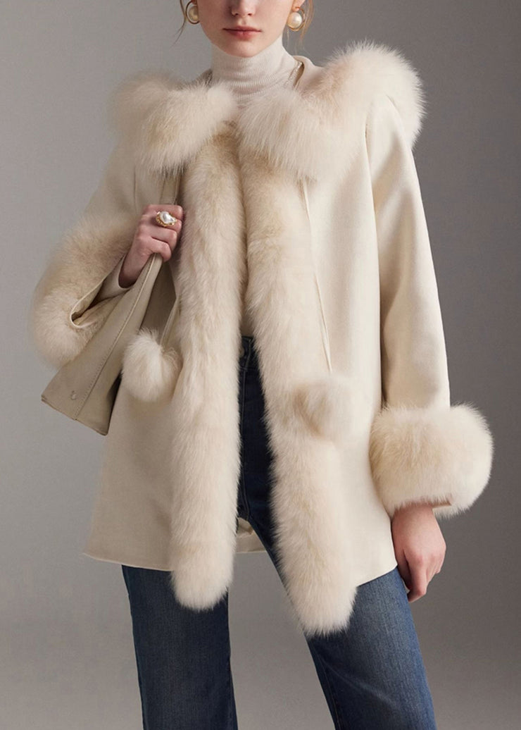 Elegant White Fuzzy Ball Decorated Fine Cotton Filled Coats Winter