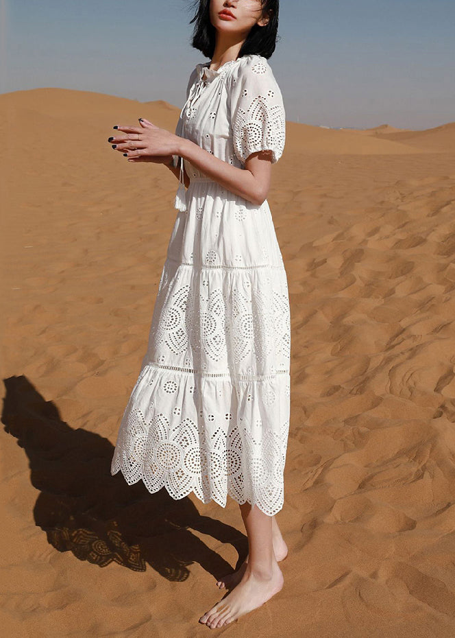 Elegant White Hollow Out Lace Up Cotton Long Dress Summer