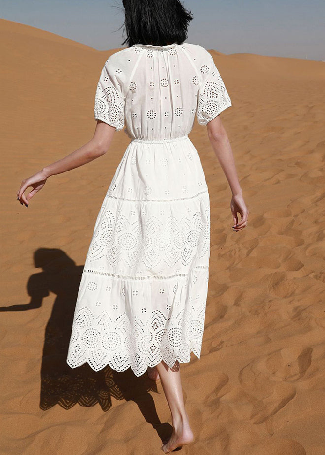 Elegant White Hollow Out Lace Up Cotton Long Dress Summer
