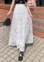 Elegant White Lace Hollow Out Tulle Skirt Summer