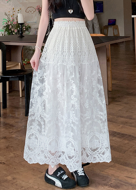 Elegant White Lace Hollow Out Tulle Skirt Summer